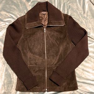 Leather/Cotton Zip Up Sweater Jacket